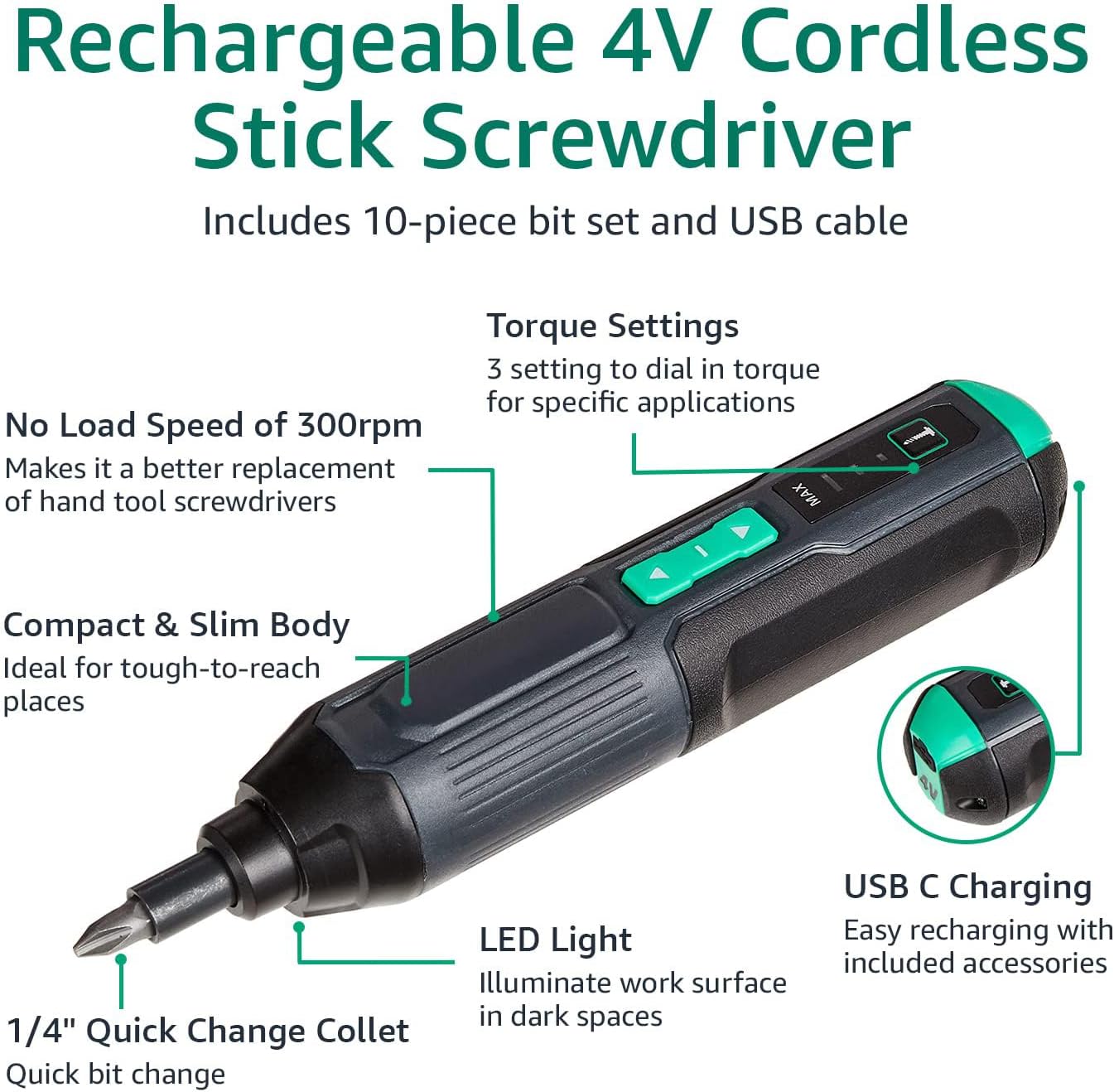 Amazon Basics by SKIL, Akku-Schraubendreher, wiederaufladbar, 3,6 V (4V max.) mit 10-teiligem Bit-Set und USB-Kabel – Bild 5