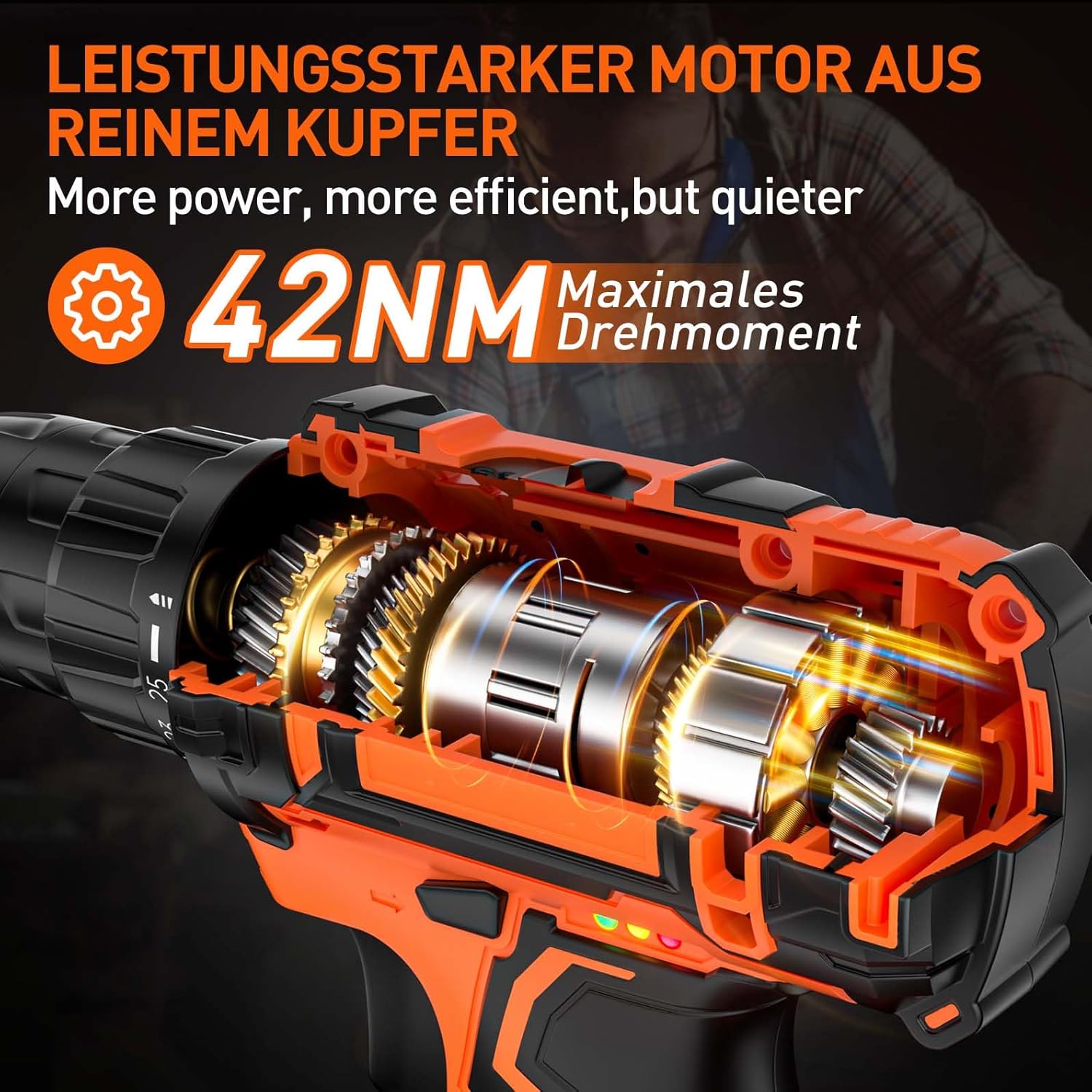 Akkuschrauber mit 2 Akkus 2.0Ah, 20V Akku Bohrschrauber Set, 1600 RPM(2-Gang) Akkubohrer, 42Nm Drehmoment, 25+1 Drehmomentstufen, 10mm Bohrfutter, 24-teiliges, LED-Licht, Für Reparatur & DIY – Bild 3