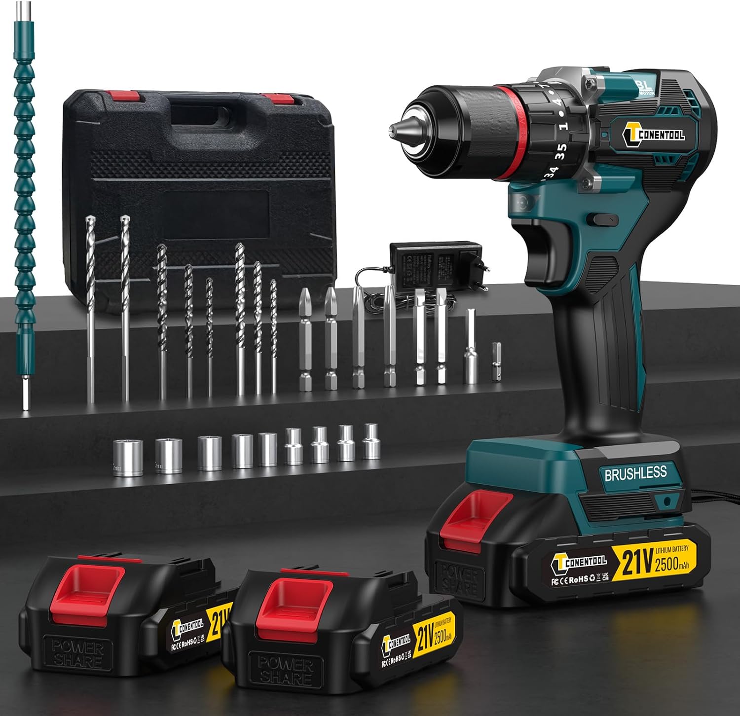 Akkuschrauber Bürstenlos 21V Akku Bohrschrauber Set 35+3 Drehmomentstufen Klein Akkubohrer 55N.m mit 2*2.5Ah Akku und Ladegerät Bohrmaschine mit 1/2" (13mm) selbstverriegelnde Bohrfutter Tragetasche
