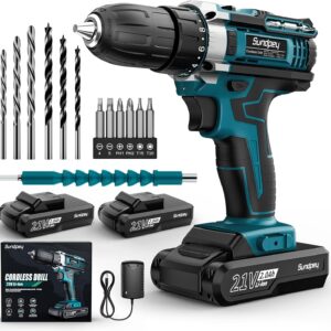 Sundpey Akkuschrauber 21V Akku Bohrmaschine - Akku Bohrschrauber mit 2x2000mAh Akku, 45 N.m Max, 2-Gang Tempo, 18+1 Drehmomentstufen, 10mm Bohrfutter, 19PCS Akkuschrauber Set für Haus DIY Projekt Blau