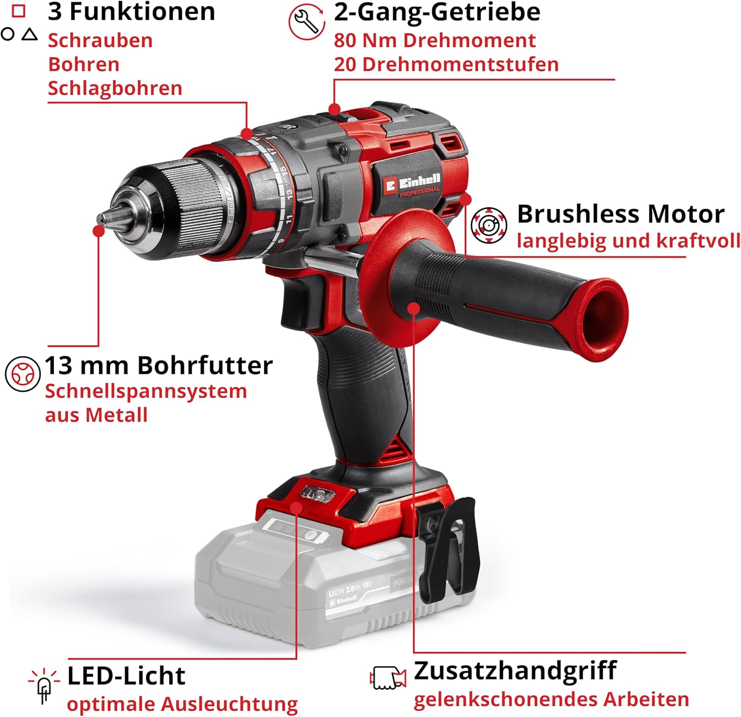Einhell Professional Akku-Schlagbohrschrauber TP-CD 18/80 Li-i BL - Solo Power X-Change (18 V, Brushless, 80 Nm, Schlagbohrfunktion, 13 mm Bohrfutter, 2 Gang, ohne Akku) – Bild 3