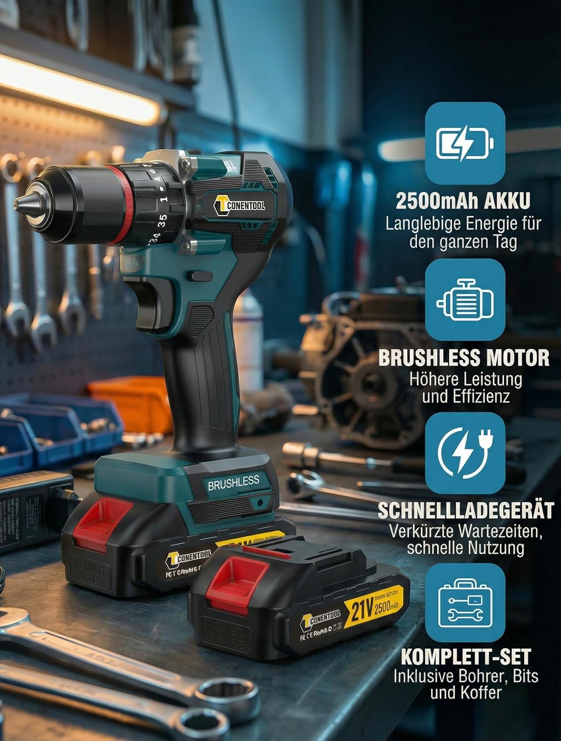 Akkuschrauber Bürstenlos 21V Akku Bohrschrauber Set 35+3 Drehmomentstufen Klein Akkubohrer 55N.m mit 2*2.5Ah Akku und Ladegerät Bohrmaschine mit 1/2" (13mm) selbstverriegelnde Bohrfutter Tragetasche – Bild 2