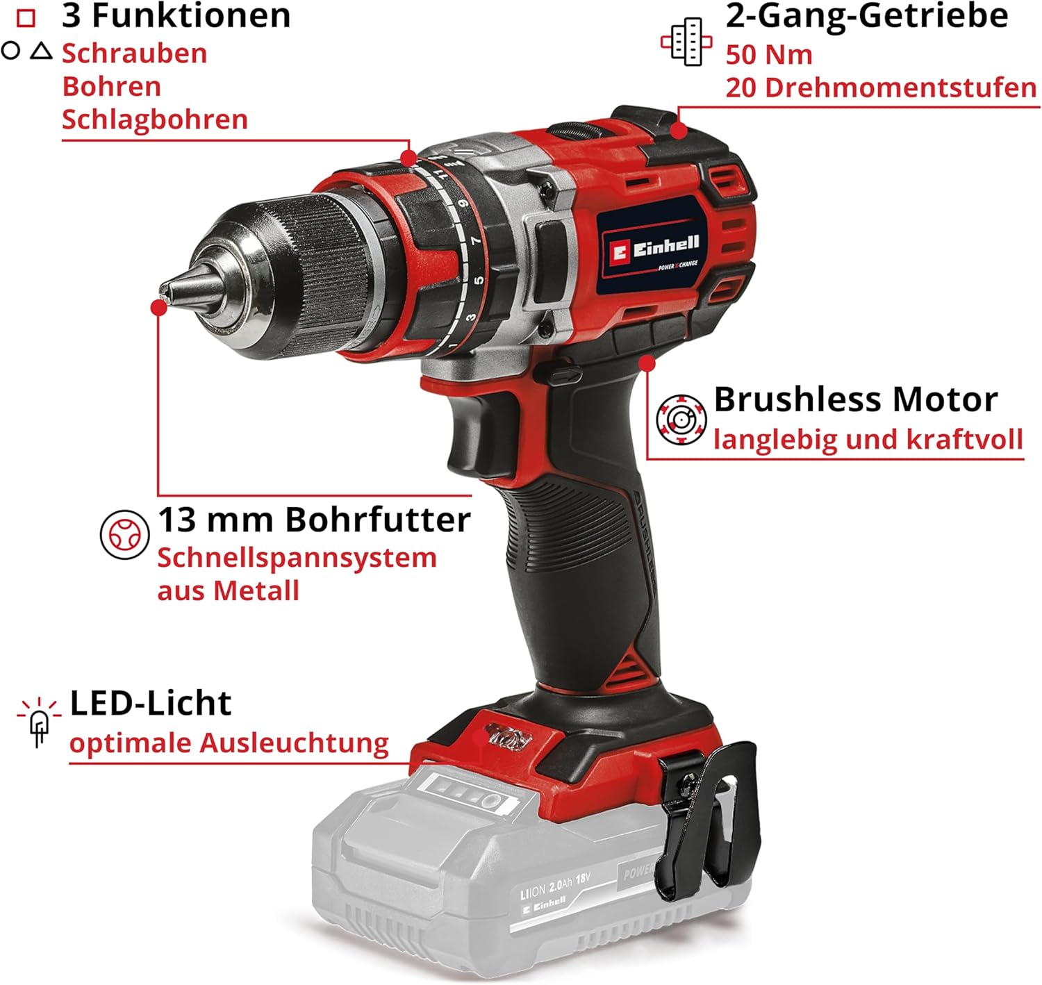 Einhell Professional Akku-Schlagbohrschrauber TP-CD 18/50 Li-i BL Solo Power X-Change (18V, Brushless, 50 Nm, Schlagbohrfunktion, 2 Gang, 13 mm Bohrfutter, ohne Akku) – Bild 3
