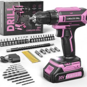 Akkuschrauber, 20V Akku Bohrschrauber, 25+1 Drehmomentstufen Akkubohrer, 42Nm Max Drehmoment, LED-Licht, 56 tlg Akkuschrauber Set für Wartungsarbeiten und Heimwerkerprojekte Rosa