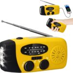 Kurbelradio mit Solar und LED Taschenlampe, 3-LED-Taschenlampe/AM/FM/Wetter/USB-Handyaufladung, Tragbar für Camping, Wandern & Notfallvorsorge (Gelbes)