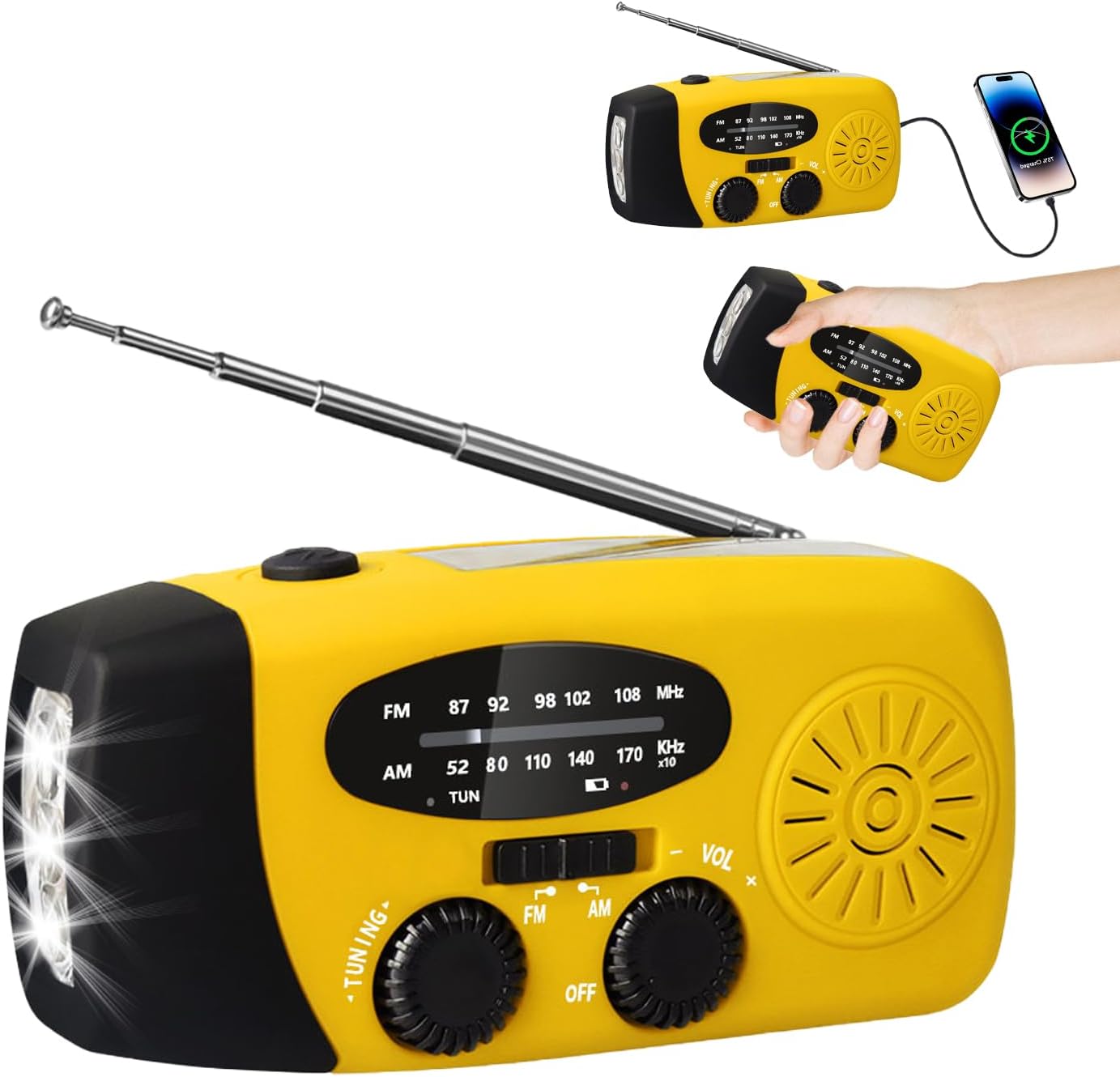 Kurbelradio mit Solar und LED Taschenlampe, 3-LED-Taschenlampe/AM/FM/Wetter/USB-Handyaufladung, Tragbar fĂĽr Camping, Wandern & Notfallvorsorge (Gelbes)