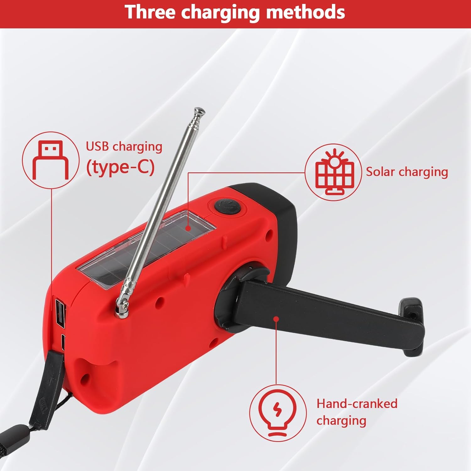 Kurbelradio mit Solar und LED Taschenlampe, 3-LED-Taschenlampe/AM/FM/Wetter/USB-Handyaufladung, Tragbar für Camping, Wandern & Notfallvorsorge (Gelbes) – Bild 3