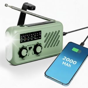 Notfall Radio, 3-Wege-Ladung (Solar, Kurbel, USB-C) Powerbank, 2000mAh Akku, AM/FM Radio, SOS, LED-Taschenlampe, Klein für Camping, Outdoor, Zuhause, Notfall