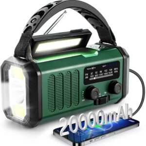 20000 mAh tragbares Notfall-Radio, SOS-Alarm, FM/AM-Radio mit Leselampe, Kompass, Kurbelgenerator und Solarladung, für den Außenbereich, Notfallladung für Smartphones (Grün)