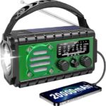 Solar Notfallradio, Kurbelradio mit 20000 mAh Powerbank, AM/FM/SW/WB Wetterradio, 4 Stromquellen, Taschenlampe & USB-C-Ladegerät & SOS-Alarm, IPX6 wasserdicht für Outdoor, Camping, Baustellen, Grün