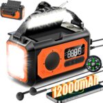 12000mAh Kurbelradio mit Handyladefunktion, Solar Radio mit 2 Sonnenkollektoren, AM/FM Tragbar Notfallradio mit Kopfhöreranschluss/Leseleuchte/LED Taschenlampe/Kompass/SOS Alarm für Camping Outdoor