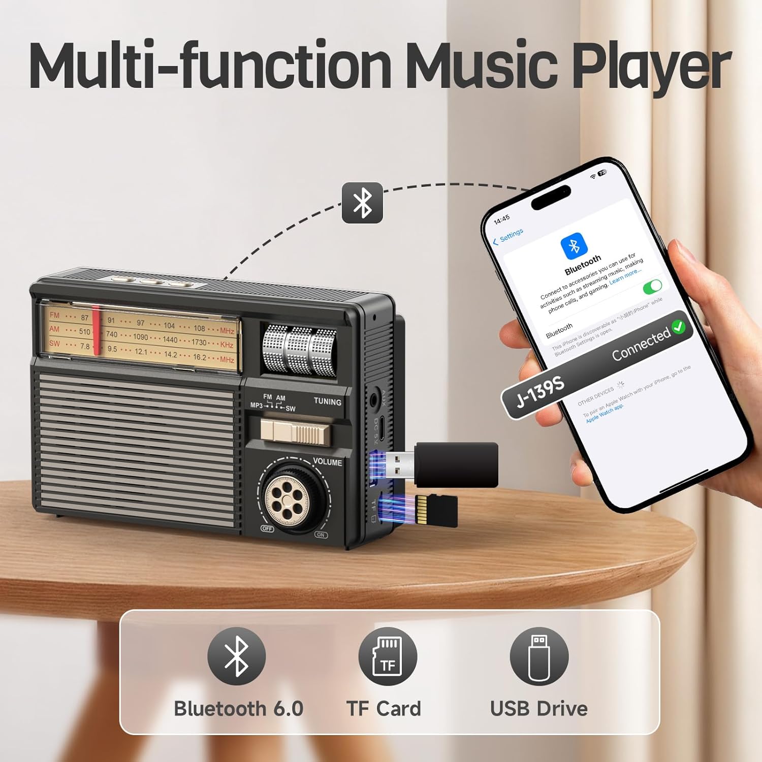 PRUNUS J-139 AM/FM/SW Solar Radio mit Akku 1800mAh, Weltempfänger Radio Exzellentem Empfang, Kofferradio mit Bluetooth 6.0 Unterstützt AUX/USB/TF-Karte Playback, Einfach Transistorradio für Senioren. – Bild 5