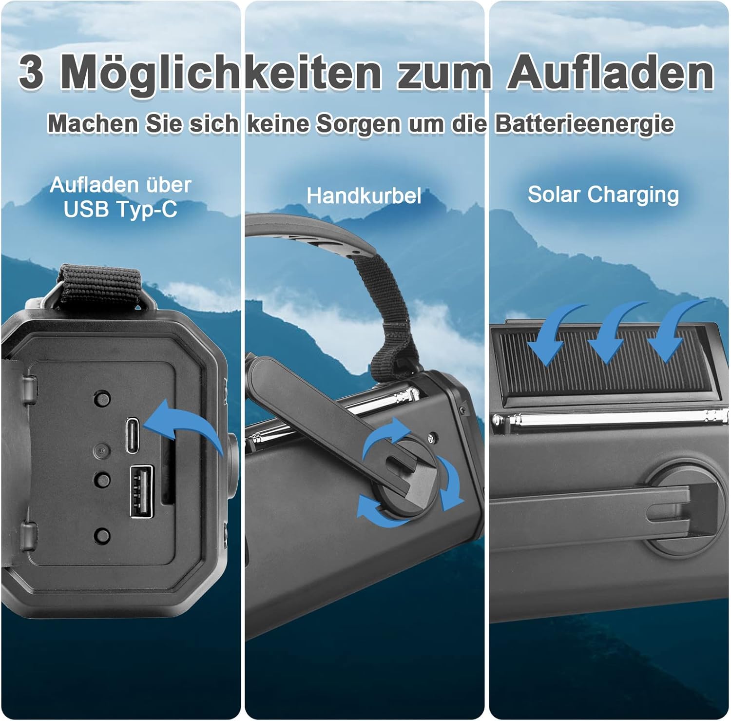 Kurbelradio mit 20000mAh Akku Wiederaufladbare, Tragbar Solar Radio Dynamo Radio mit AM/FM, Power Bank,LED Camping Licht,SOS-Alarm,Kompass (Schwarz) – Bild 4