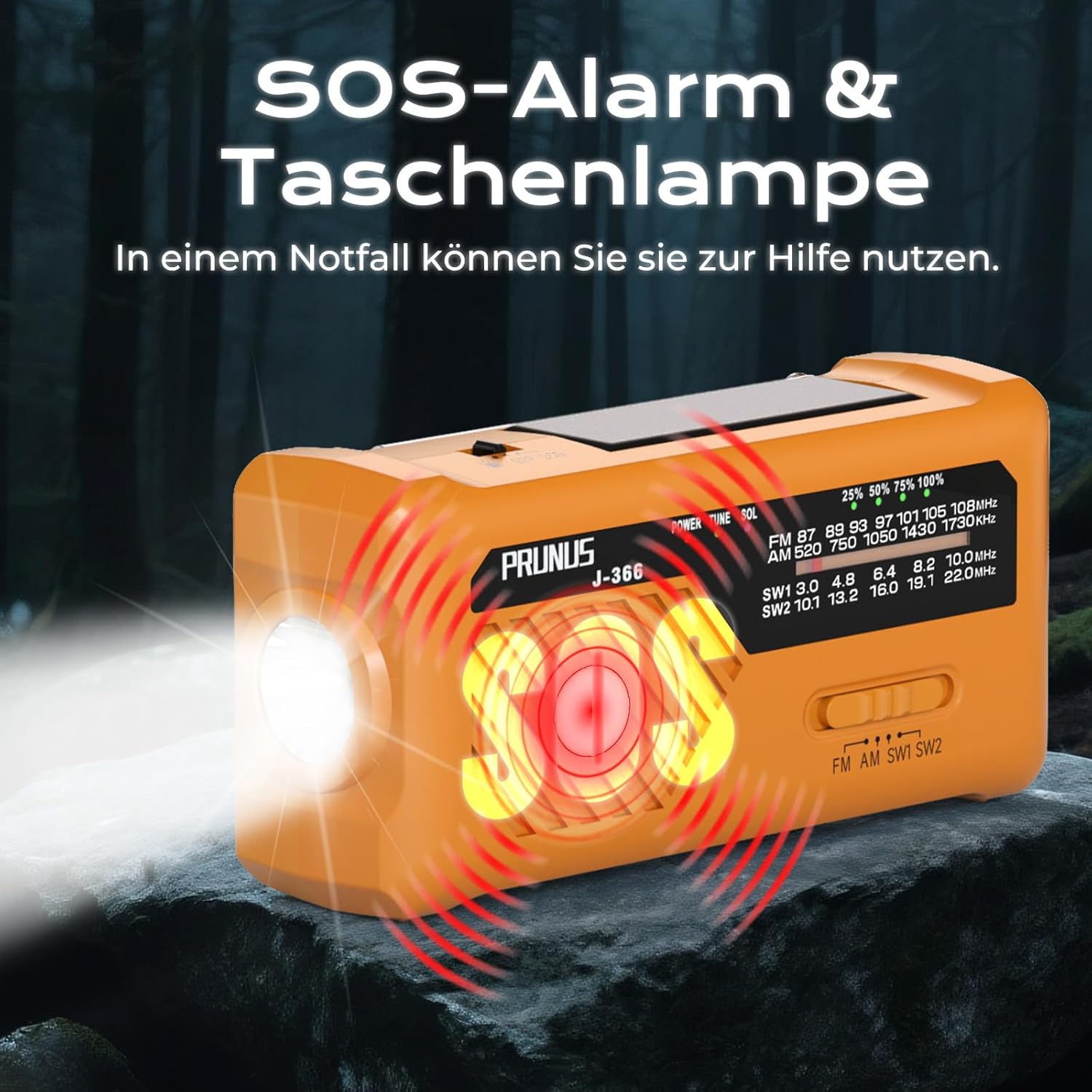 PRUNUS J-366 FM/AM/SW Kurbelradio Notfall Weltempfänger, Radio Batteriebetrieben oder 2000mAh Akku, 3-in-1 Ladekabel, Notfallradio mit Taschenlampe/SOS Alarm/Handyladefunktion für Ourdoor, Blackout. – Bild 5