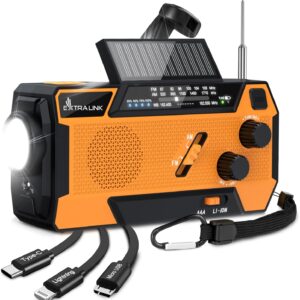 Extralink Kurbelradio Notfallradio mit Solar & Kurbel, Ladefunktion 4000 mAh mit integrierten Ladekabeln, FM/AM Radio, LED Taschenlampe & Leselicht, SOS Alarm - für Blackout, Camping & Outdoor