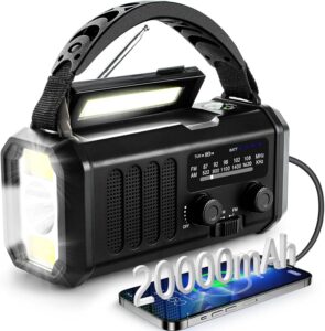 Winnes Notfall Wetter Radio, Akku, Tragbar Radio mit SOS-Alarm, 20000 mAh, Kurbel, Solarradio, AM/FM, Leselampe, Taschenlampe, Kompass für den Außenbereich, Ladegerät für Smartphones(Schwarz)