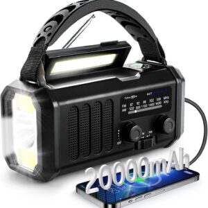 Winnes Notfall Wetter Radio, Akku, Tragbar Radio mit SOS-Alarm, 20000 mAh, Kurbel, Solarradio, AM/FM, Leselampe, Taschenlampe, Kompass für den Außenbereich, Ladegerät für Smartphones(Schwarz)
