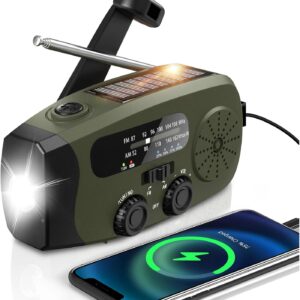 Notfall Kurbel Radio, 2000mAh/7400mWh Akku Kurbelradio Solar Batterie Power Bank USB AM/FM Radio mit SOS-Alarm Taschenlampe, 3-Wege-Laden Notfallradio, Innen Außen Camping Klein Taschenradio