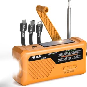 PRUNUS J-366 FM/AM/SW Kurbelradio Notfall Weltempfänger, Radio Batteriebetrieben oder 2000mAh Akku, 3-in-1 Ladekabel, Notfallradio mit Taschenlampe/SOS Alarm/Handyladefunktion für Ourdoor, Blackout.