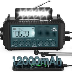 Roxicosly Kurbelradio, Notfallradio mit 12000 mAh Power Bank, AM/FM Baustellenradio, Kurbel & 5-Wege Solar Radio mit Weltempfänger, Als Taschenlampe & Ladegerät, für Outdoor, Camping, Notfall