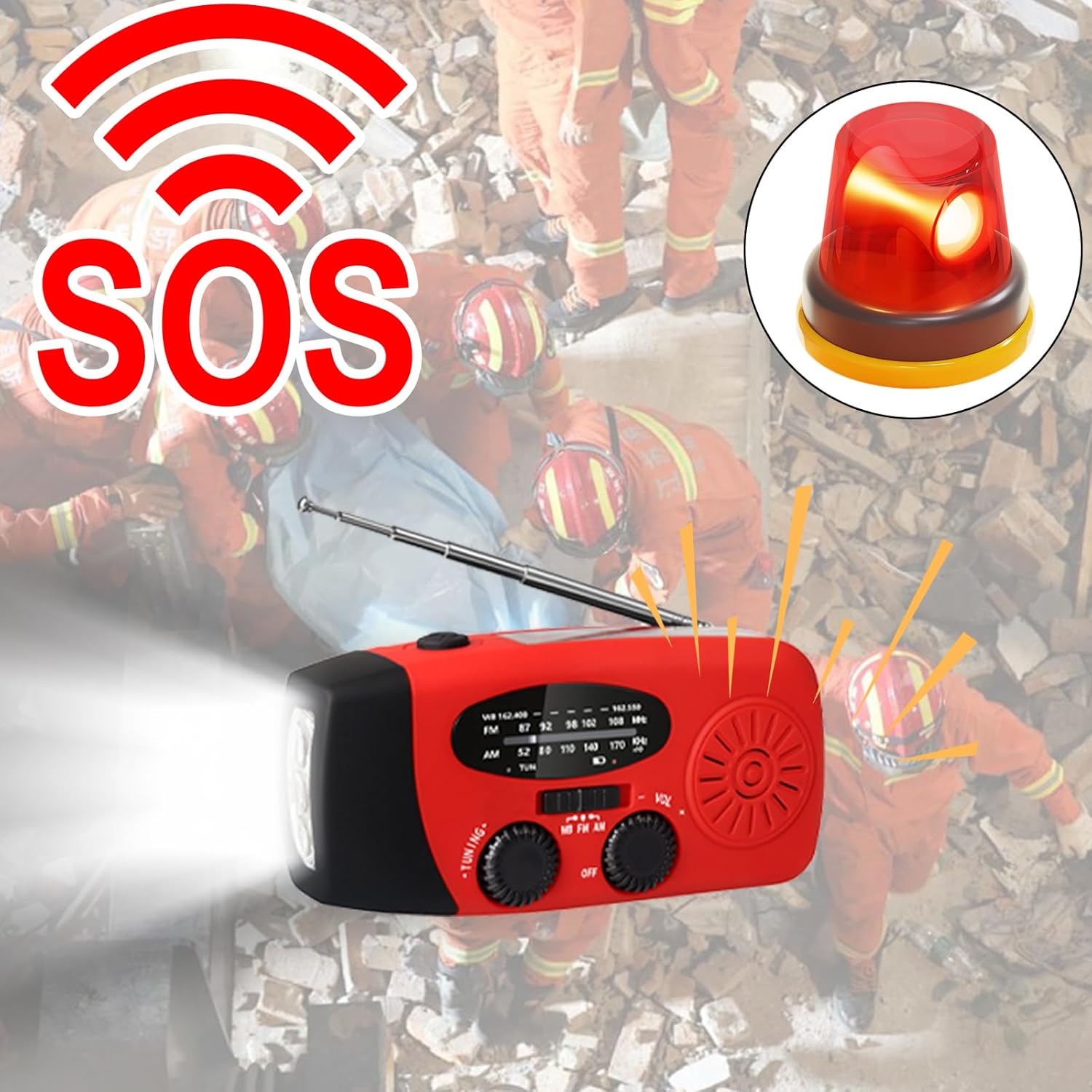 Kurbelradio mit Solar und LED Taschenlampe, 3-LED-Taschenlampe/AM/FM/Wetter/USB-Handyaufladung, Tragbar für Camping, Wandern & Notfallvorsorge (Gelbes) – Bild 5