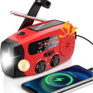 Kurbelradio mit Solar, Notfallradio, Tragbares Radio mit Handkurbel, AM/FM Radio mit LED-Taschenlampe, 2000mAh Powerbank, SOS-Alarm, USB-Handy-Ladegerät, Für Notfälle, Camping & Wanderungen (Rot)