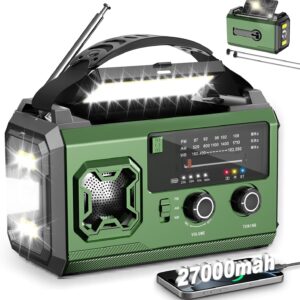 Kurbelradio - 27000mAh Notfallradio mit Kurbel und Solar, Tragbar Solar Notfall Radio mit AM/FM Empfang, LED Taschenlampe & Leselicht,USB, SOS für Camping, Notfälle und Blackout (Olivgrün)