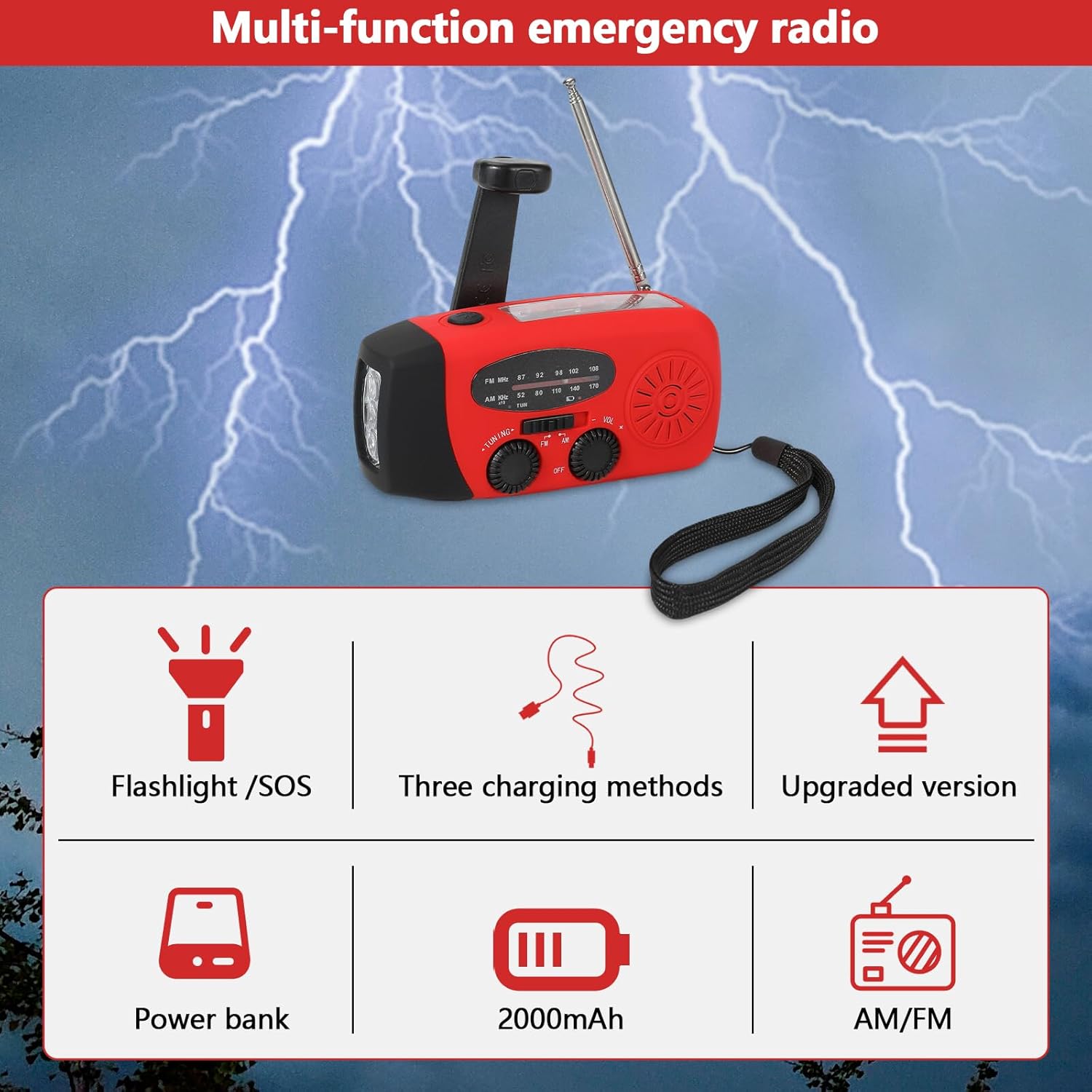 Kurbelradio mit Solar und LED Taschenlampe, 3-LED-Taschenlampe/AM/FM/Wetter/USB-Handyaufladung, Tragbar für Camping, Wandern & Notfallvorsorge (Gelbes) – Bild 2