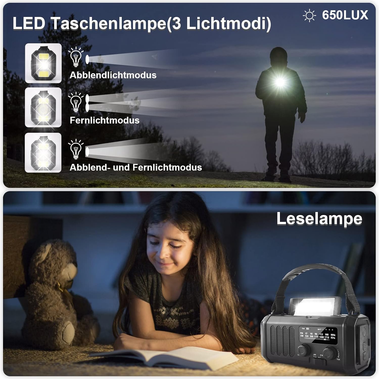 Kurbelradio mit 20000mAh Akku Wiederaufladbare, Tragbar Solar Radio Dynamo Radio mit AM/FM, Power Bank,LED Camping Licht,SOS-Alarm,Kompass (Schwarz) – Bild 5