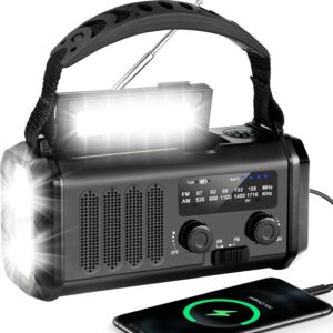 Kurbelradio mit 20000mAh Akku Wiederaufladbare, Tragbar Solar Radio Dynamo Radio mit AM/FM, Power Bank,LED Camping Licht,SOS-Alarm,Kompass (Schwarz)