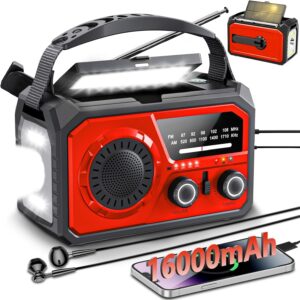 16000mAh/59200mWh Kurbelradio,Tragbares Notfallradio mit Kurbel,AM/FM Solar Radio mit Handyladefunktion SOS Alarm/Kopfhöreranschluss/Leseleuchte/Kompass für Camping Outdoor Notfall