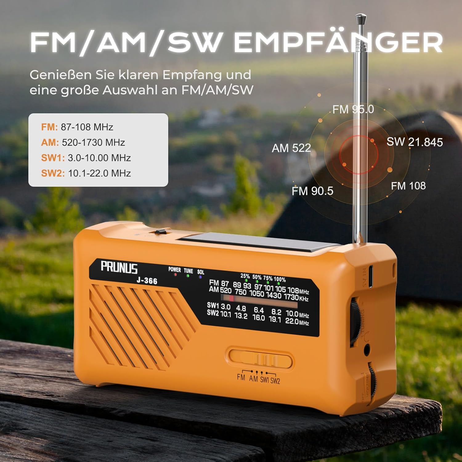 PRUNUS J-366 FM/AM/SW Kurbelradio Notfall Weltempfänger, Radio Batteriebetrieben oder 2000mAh Akku, 3-in-1 Ladekabel, Notfallradio mit Taschenlampe/SOS Alarm/Handyladefunktion für Ourdoor, Blackout. – Bild 2