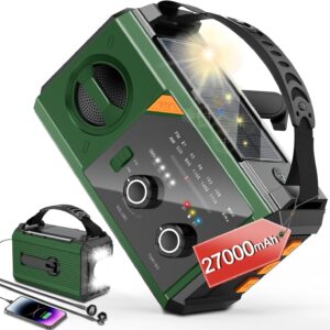 27000mAh Kurbelradio mit Bluetooth, Solar Radio mit Handyladefunktion, AM/FM Tragbar Notfallradio, Als Taschenlampe&Ladegerät&Blackout Notfallausrüstung für Outdoor Camping Baustellet-Grün