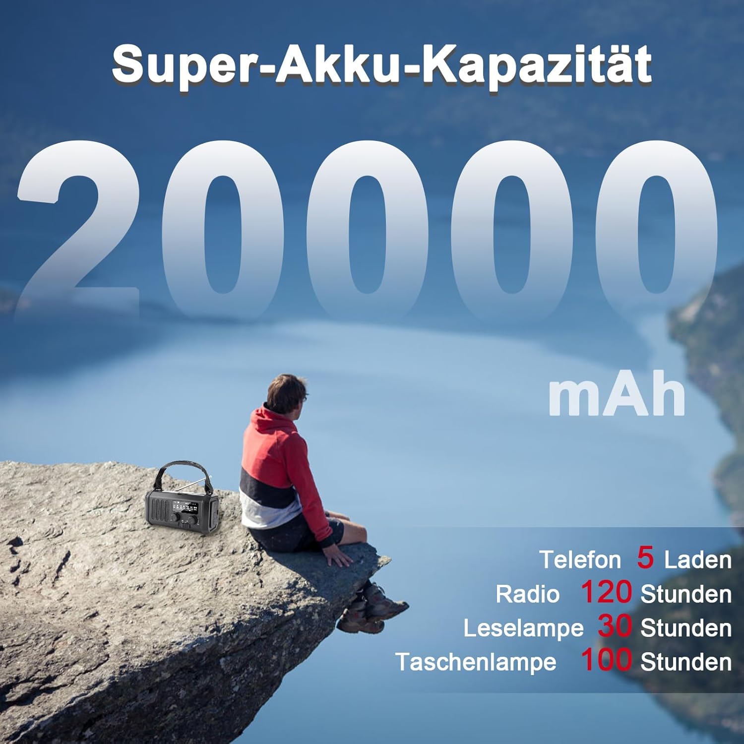 Kurbelradio mit 20000mAh Akku Wiederaufladbare, Tragbar Solar Radio Dynamo Radio mit AM/FM, Power Bank,LED Camping Licht,SOS-Alarm,Kompass (Schwarz) – Bild 3