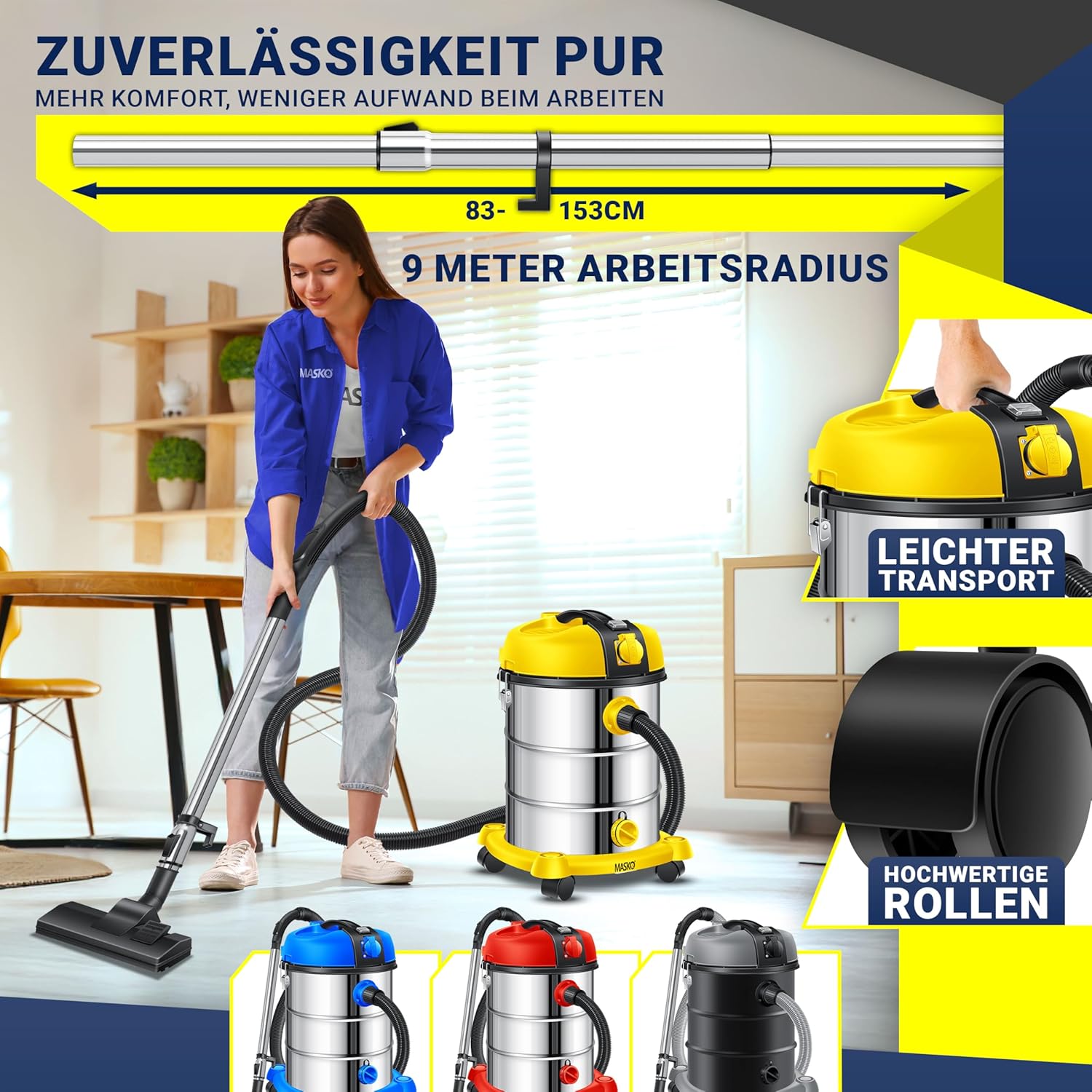 MASKO® Industriestaubsauger Staubsauger Nass Trocken Sauger Edelstahl 2300W + Steckdose, Blasfunktion, Saugschlauch & Nass-Saugen, Push&Clean, Industriesauger mit & ohne Beutel, Inkl Filter beutellos – Bild 5