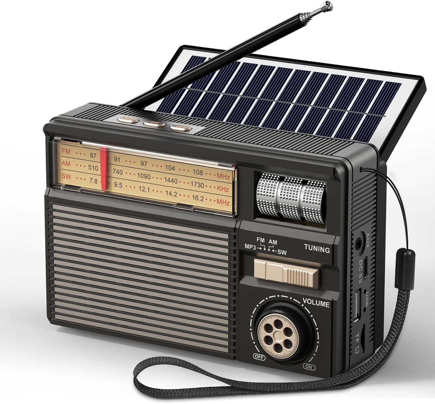 PRUNUS J-139 AM/FM/SW Solar Radio mit Akku 1800mAh, Weltempfänger Radio Exzellentem Empfang, Kofferradio mit Bluetooth 6.0 Unterstützt AUX/USB/TF-Karte Playback, Einfach Transistorradio für Senioren.