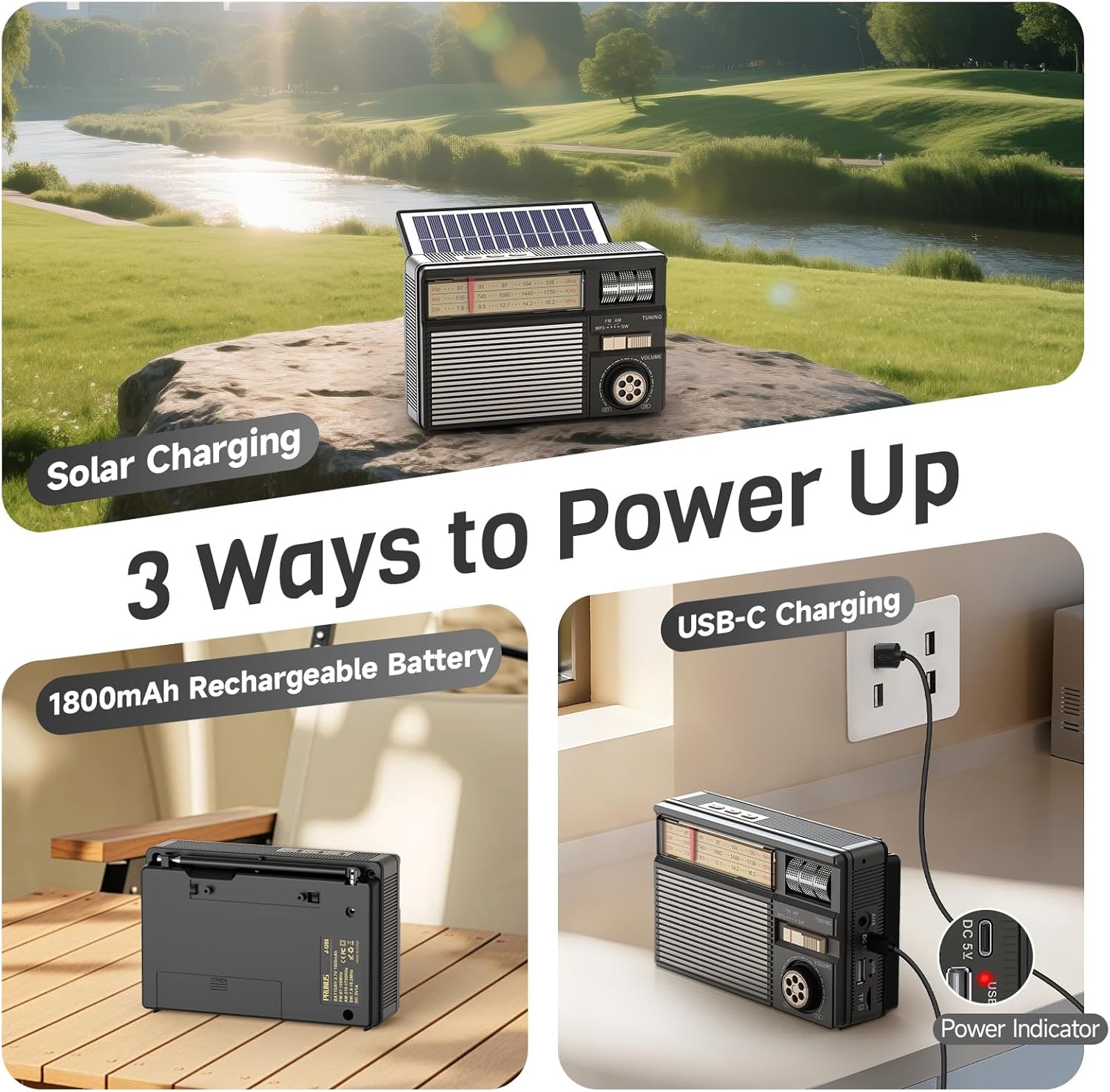 PRUNUS J-139 AM/FM/SW Solar Radio mit Akku 1800mAh, Weltempfänger Radio Exzellentem Empfang, Kofferradio mit Bluetooth 6.0 Unterstützt AUX/USB/TF-Karte Playback, Einfach Transistorradio für Senioren. – Bild 3