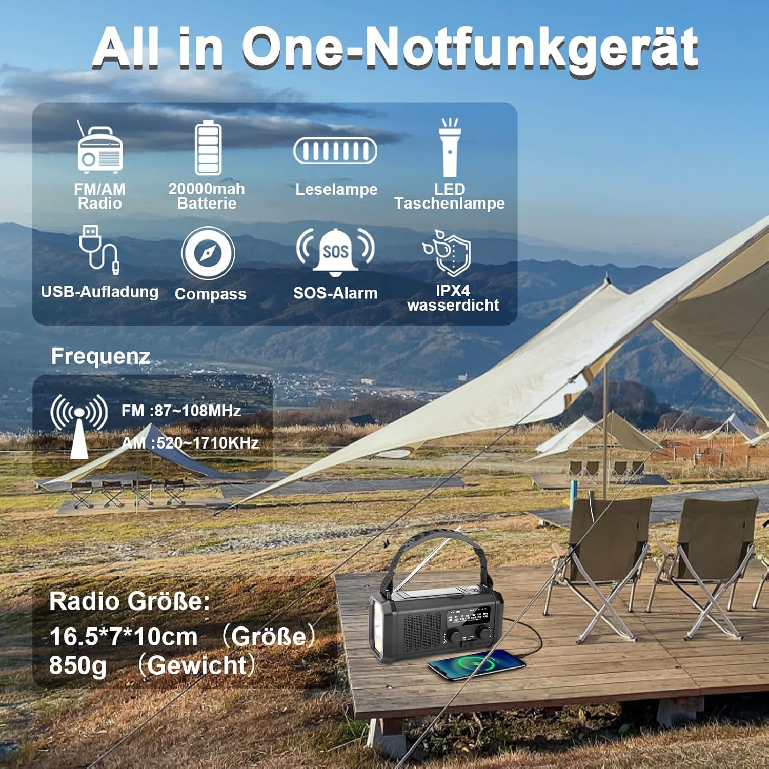 Kurbelradio mit 20000mAh Akku Wiederaufladbare, Tragbar Solar Radio Dynamo Radio mit AM/FM, Power Bank,LED Camping Licht,SOS-Alarm,Kompass (Schwarz) – Bild 2