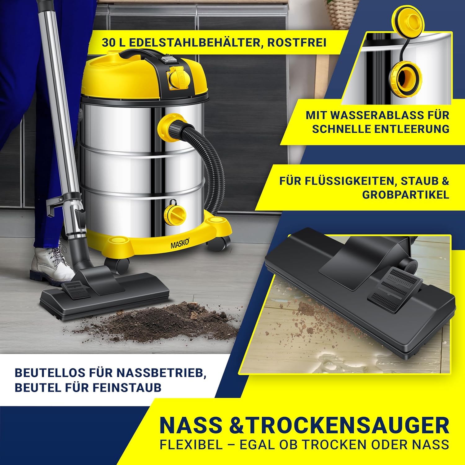 MASKO® Industriestaubsauger Staubsauger Nass Trocken Sauger Edelstahl 2300W + Steckdose, Blasfunktion, Saugschlauch & Nass-Saugen, Push&Clean, Industriesauger mit & ohne Beutel, Inkl Filter beutellos – Bild 3