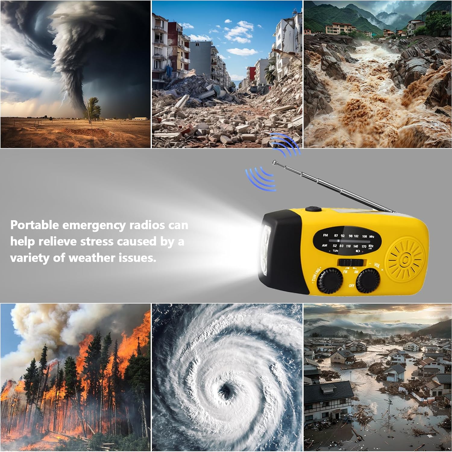 Kurbelradio mit Solar und LED Taschenlampe, 3-LED-Taschenlampe/AM/FM/Wetter/USB-Handyaufladung, Tragbar für Camping, Wandern & Notfallvorsorge (Gelbes) – Bild 4