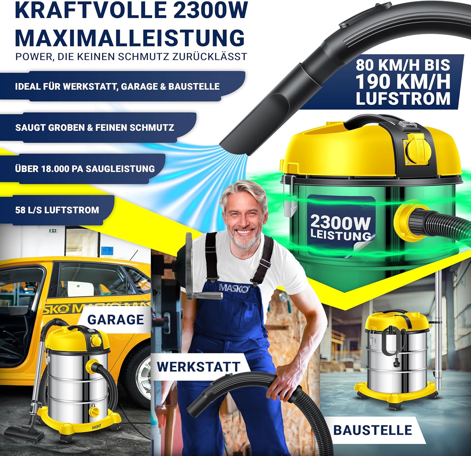 MASKO® Industriestaubsauger Staubsauger Nass Trocken Sauger Edelstahl 2300W + Steckdose, Blasfunktion, Saugschlauch & Nass-Saugen, Push&Clean, Industriesauger mit & ohne Beutel, Inkl Filter beutellos – Bild 4