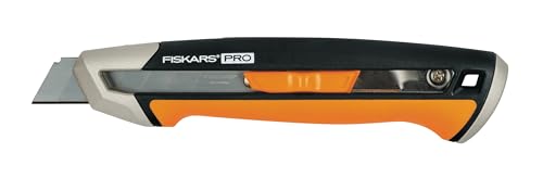 Fiskars Cuttermesser, Länge 16,5 cm, Inklusive Klinge (18mm), Rostfreier Stahl/Kunststoff, Schwarz/Orange, CarbonMax, 1027227