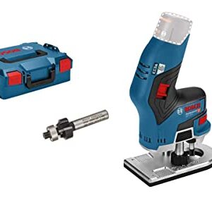 Bosch Professional 12V System Akku Kantenfräse GKF 12V-8 (inkl. Spannzange 8 mm, Maulschlüssel 17 mm, Kantenfräser, 9,5 x 25,4 mm, Abrundfräser, 3 mm, L-BOXX, ohne Akku/ Ladegerät)