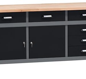 Küpper Werkbank 12179, 170x84x60 cm, 6 Schubladen, 2 Türen, 300 kg Traglast, 30 mm Massive Buchenarbeitsplatte (Schwarz, 170x84x60 cm)