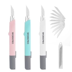 WORKPRO 3 Stück Cuttermesser Set 9mm, Cuttermesser profi mit 10 Abbrechklingen, Einziehbarer Universalmesser Teppichmesser, Perfektes Messer für Büro und Haushalt, Dreifarbiges Set
