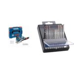 Bosch Professional Stichsäge GST 160 CE (inkl. Absaugadapter, Spanreißschutz, 3x Stichsägeblätter) + 10x PRO Hardwood and Laminate Stichsägeblatt-Set (für Hartholz, Parkett, Länge 83 mm, Zubehör)
