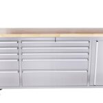 Ondis24 Edelstahl-Werkstattwagen Werkzeugwagen mit 10 Leichtlaufschubladen & XL-Massivholzarbeitsplatte, Lenkrollen, fahrbare Werkbank, unbestückt (Silber, 198 x 49 x 95 cm)