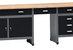 Küpper Werkstatt Werkbank 12289, 6 Schubladen, 2 Türen, 300 kg Traglast, 30 mm Massive Buchenarbeitsplatte (Schwarz, 240x84x60 cm)