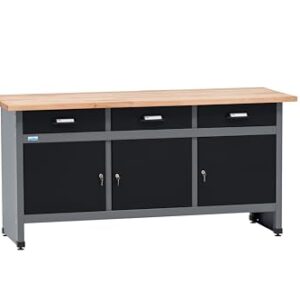 Küpper Werkbank 12159, 170x84x60 cm, 3 Schubladen, 3 Türen, 300 kg Traglast, 30 mm Massive Buchenarbeitsplatte (Schwarz, 170x84x60)