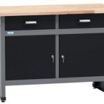 Küpper Werkbank 12059, 120x84x60cm, 2 Schubladen, 2 Türen, 300 kg Traglast, 30 mm Massive Buchenarbeitsplatte (Schwarz)